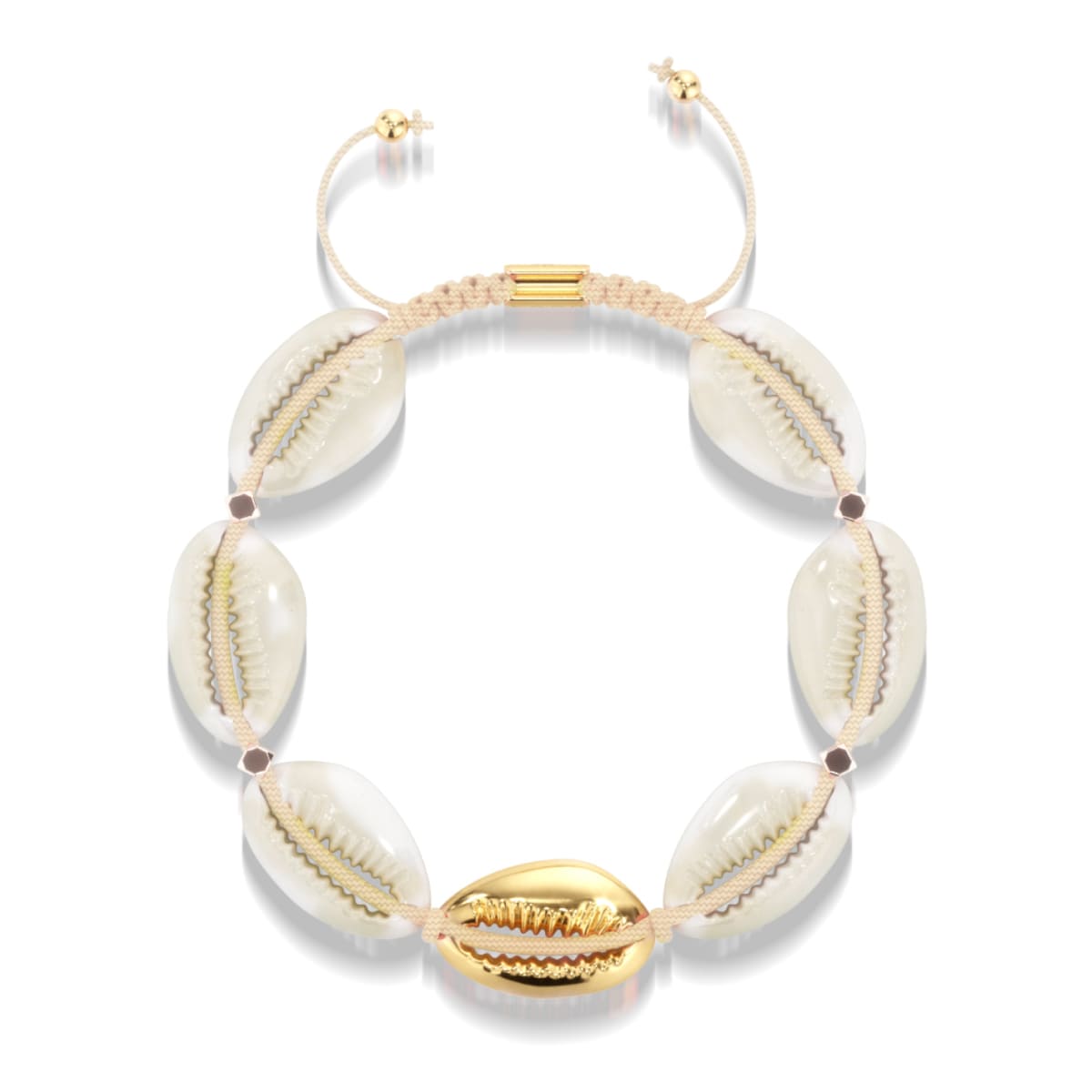Natürliche Kauri-Muschel | Gold | Cremefarbenes Makramee-Armband